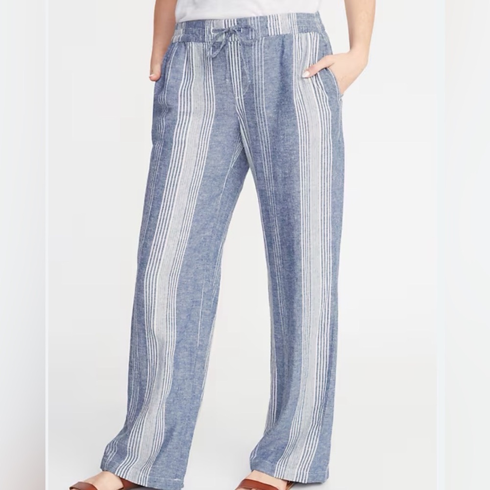 Old Navy Linen Blend Pants Small Tall Blue White Stripe Pull-On Beach Coastal